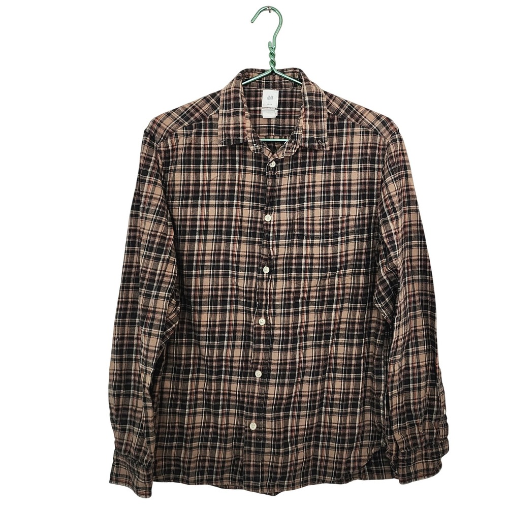 HM LOGO Plaid Button Down Shirt Brown Black Tan Cotton Regular Fit Medium